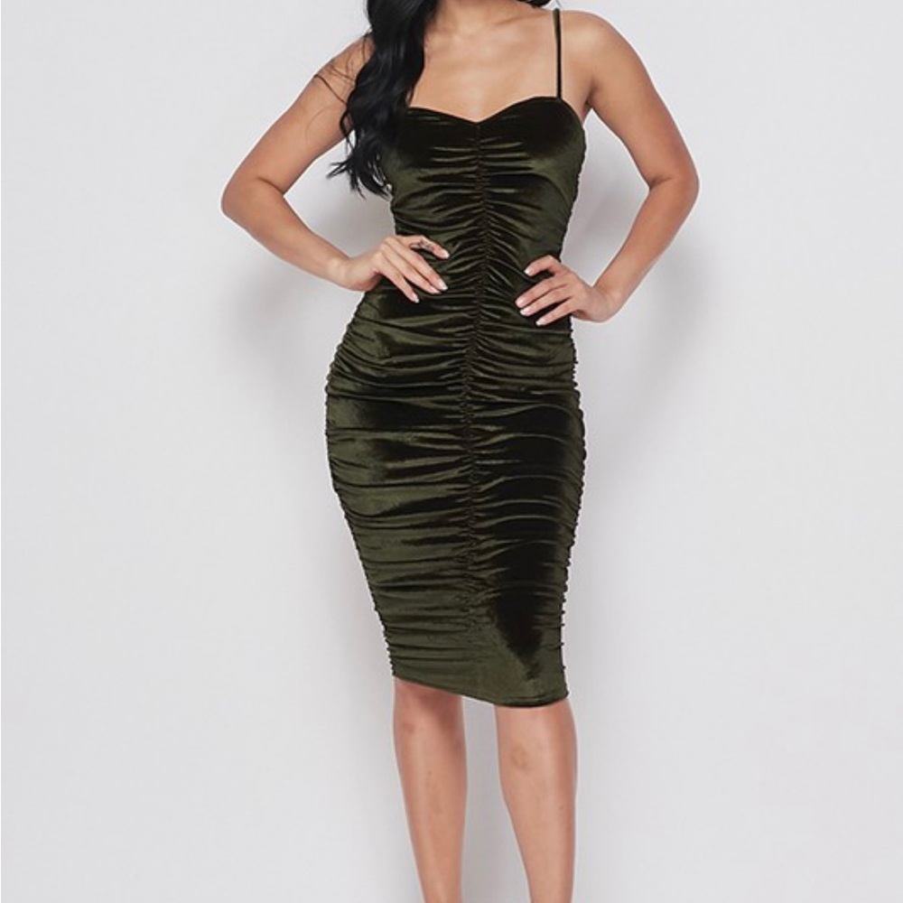 NEW Olive Green Velvet Stretch Midi Dress